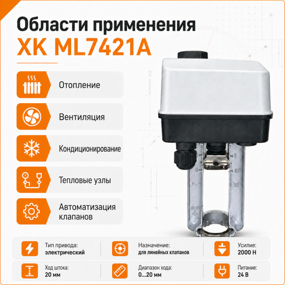 Электропривод для линейных клапанов 0/2..10 =0/4..20мА 2000N 24V 20мм XK ML7421A Электропривод для линейных клапанов 0/2..10 =0/4..20мА 2000N 24V 20мм XK ML7421A